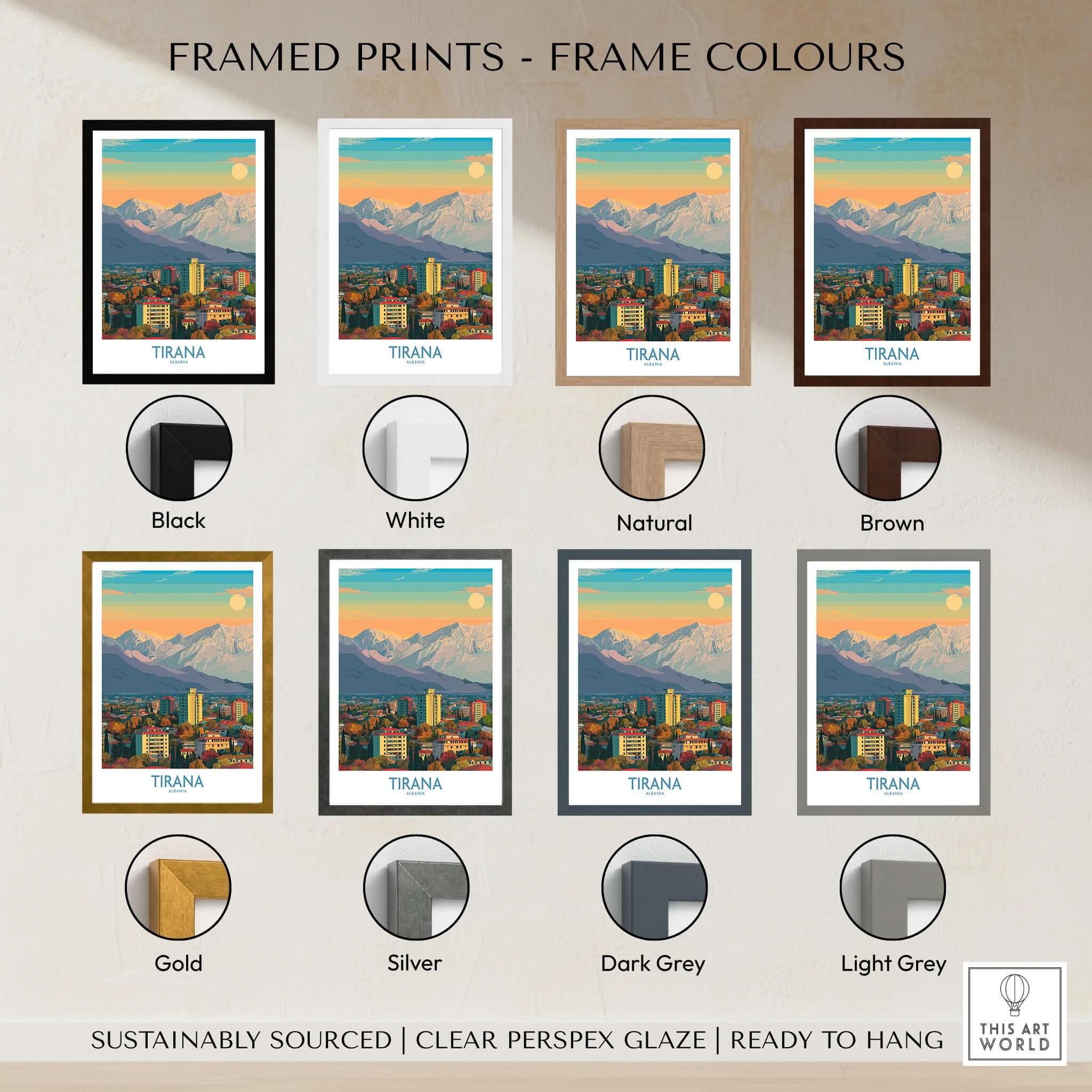 Tirana Albania Mountain Skyline Art Print | Dajti Mountain View Poster framed print options in various colors.