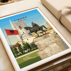 Tirana Skanderbeg Canvas Print | Albanian Wall Art featuring a detailed illustration of Skanderbeg's statue in Tirana.