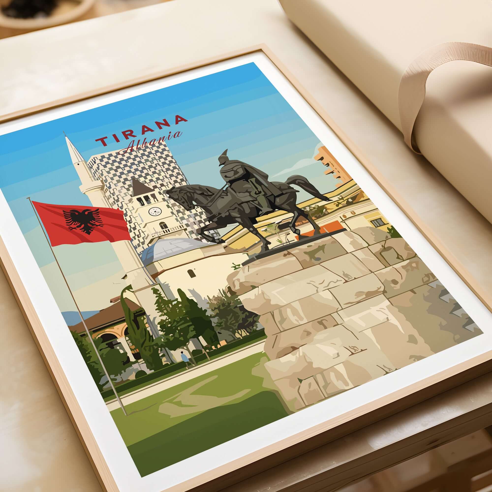 Tirana Skanderbeg Canvas Print | Albanian Wall Art featuring a detailed illustration of Skanderbeg's statue in Tirana.