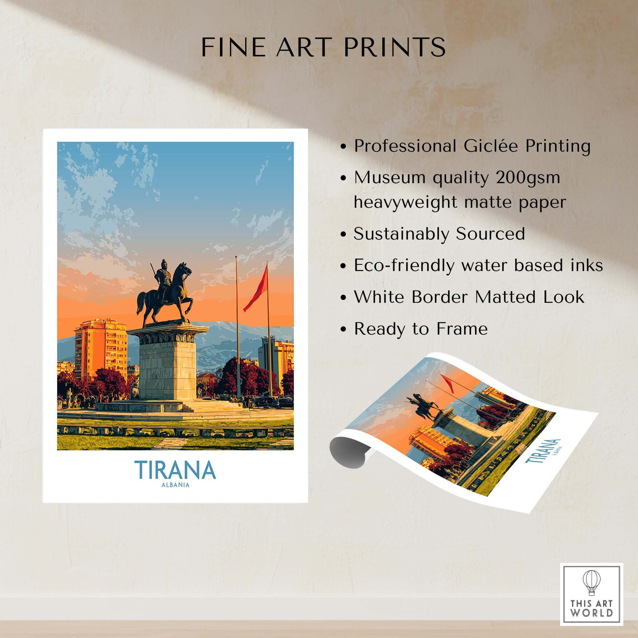 Tirana Albania Skanderbeg Square Art Print | Canvas Poster showcasing vibrant colors and iconic landmark features.