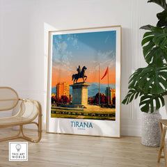 Tirana Albania Skanderbeg Square Art Print | Canvas Poster featuring vibrant colors and iconic landmark in stylish interior.