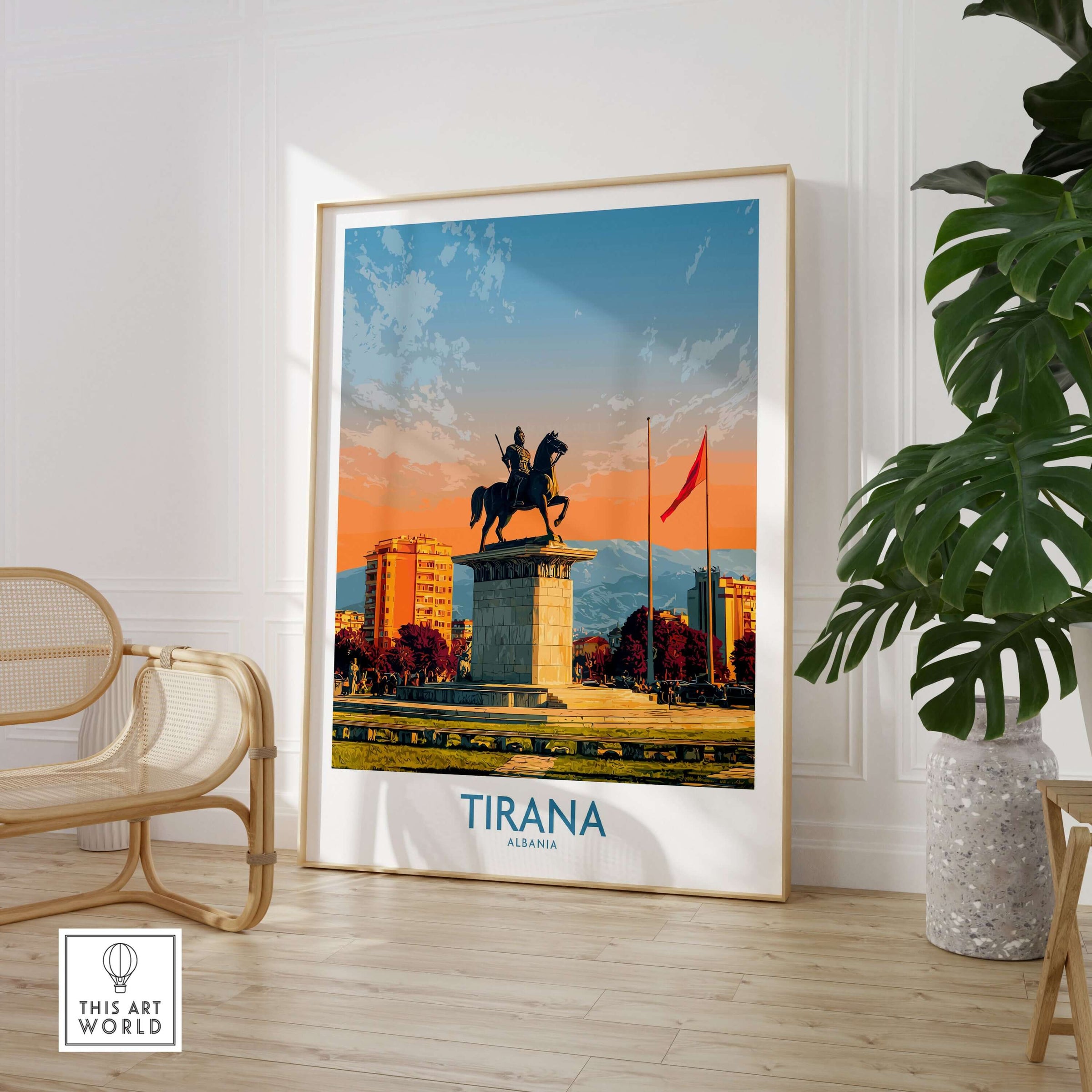 Tirana Albania Skanderbeg Square Art Print | Canvas Poster featuring vibrant colors and iconic landmark in stylish interior.