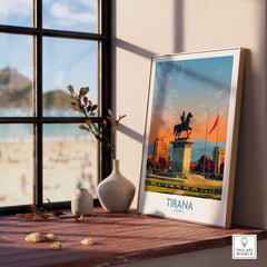 Tirana Albania Skanderbeg Square Art Print | Canvas Poster displayed in a cozy interior with a scenic view.