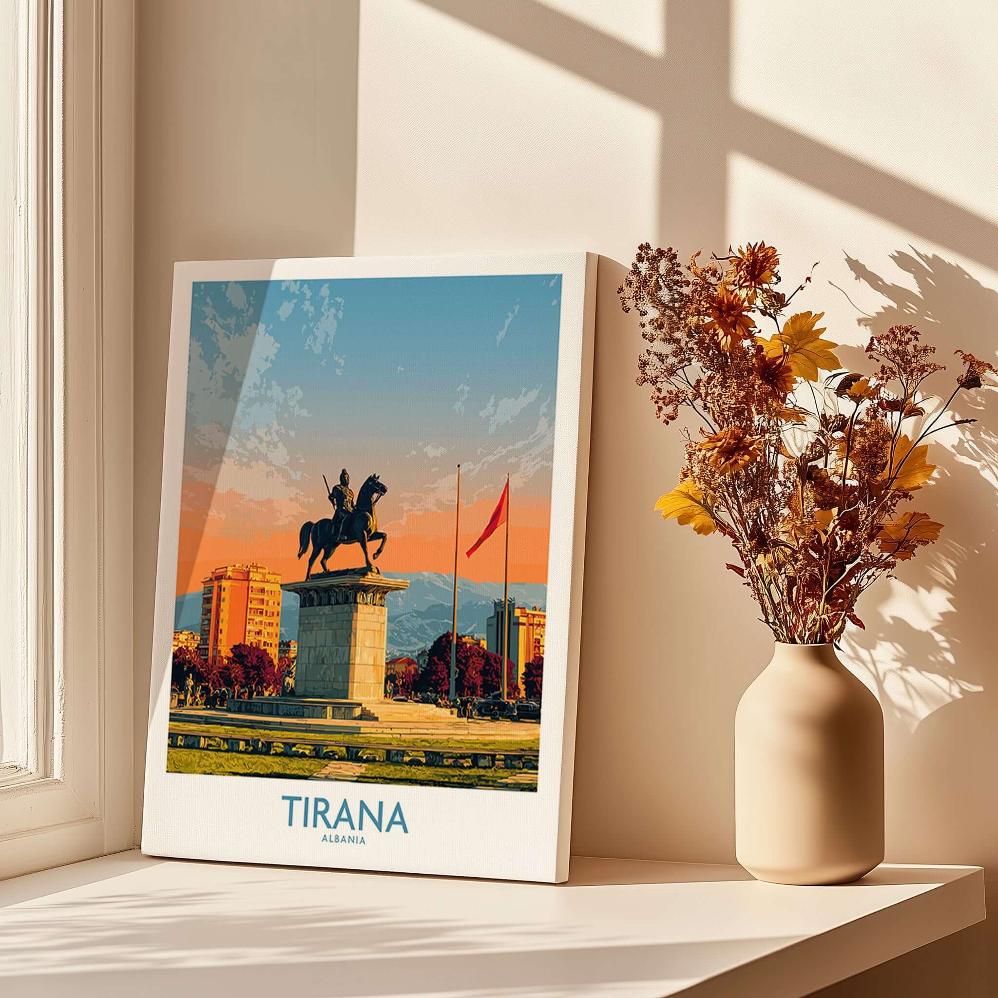 Tirana Albania Skanderbeg Square Art Print | Canvas Poster displayed in a sunlit room with flowers.