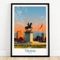 Tirana Albania Skanderbeg Square Art Print | Canvas Poster featuring the statue of Skanderbeg at sunset.