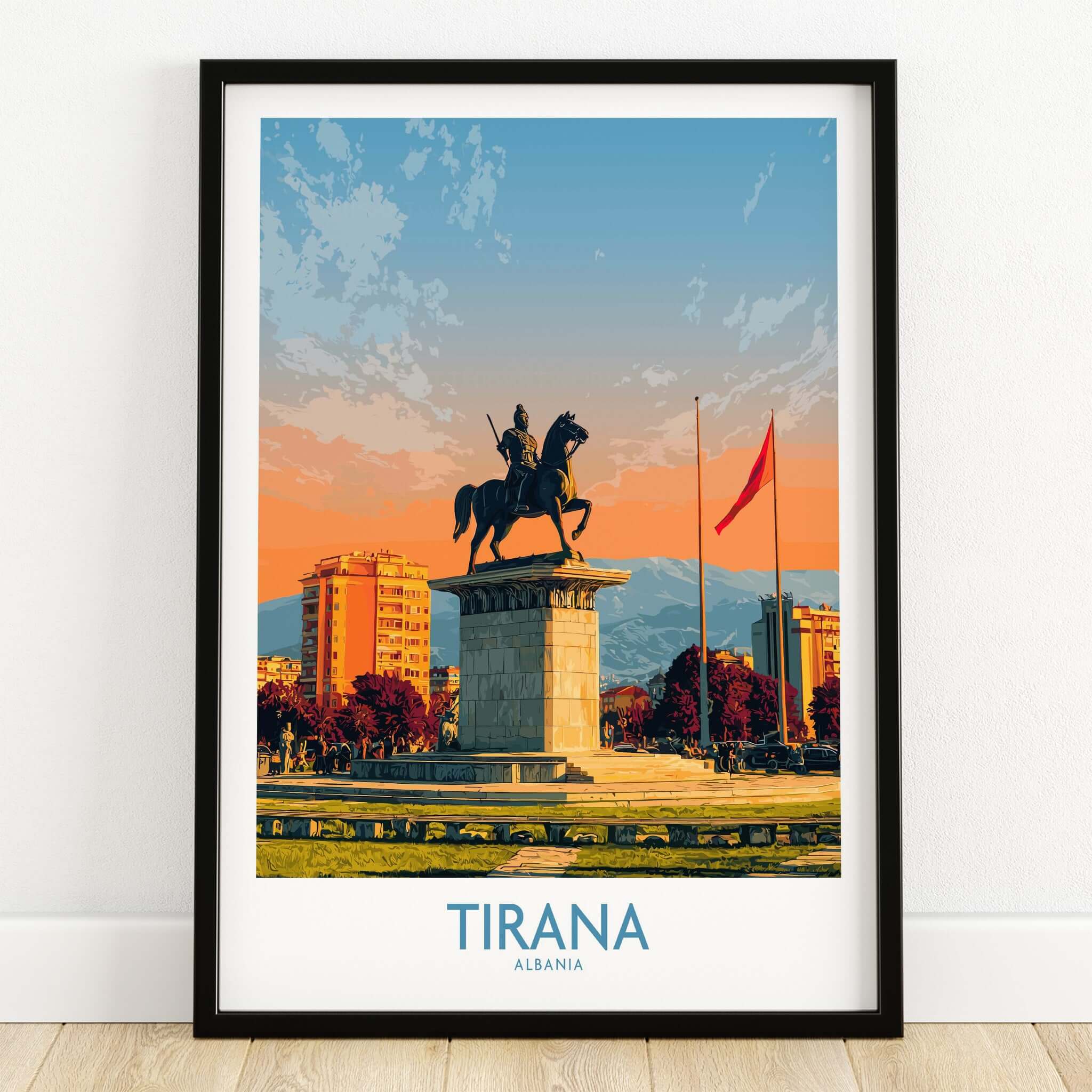 Tirana Albania Skanderbeg Square Art Print | Canvas Poster featuring the statue of Skanderbeg at sunset.