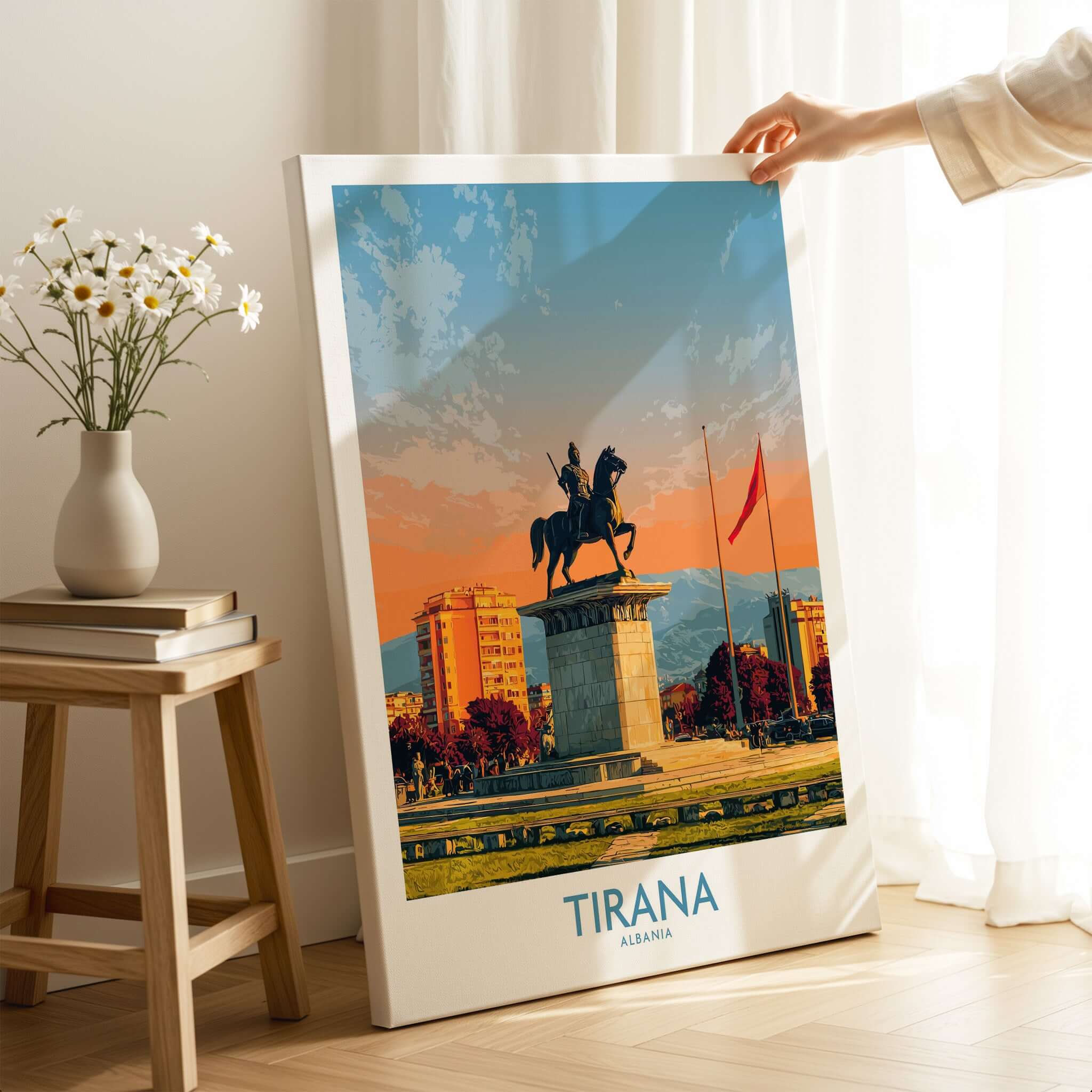 Tirana Albania Skanderbeg Square Art Print | Canvas Poster featuring Skanderbeg statue in vibrant colors.