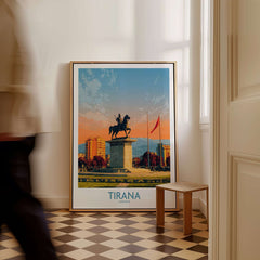 Tirana Albania Skanderbeg Square Art Print | Canvas Poster displayed in a modern interior with a figure walking by.