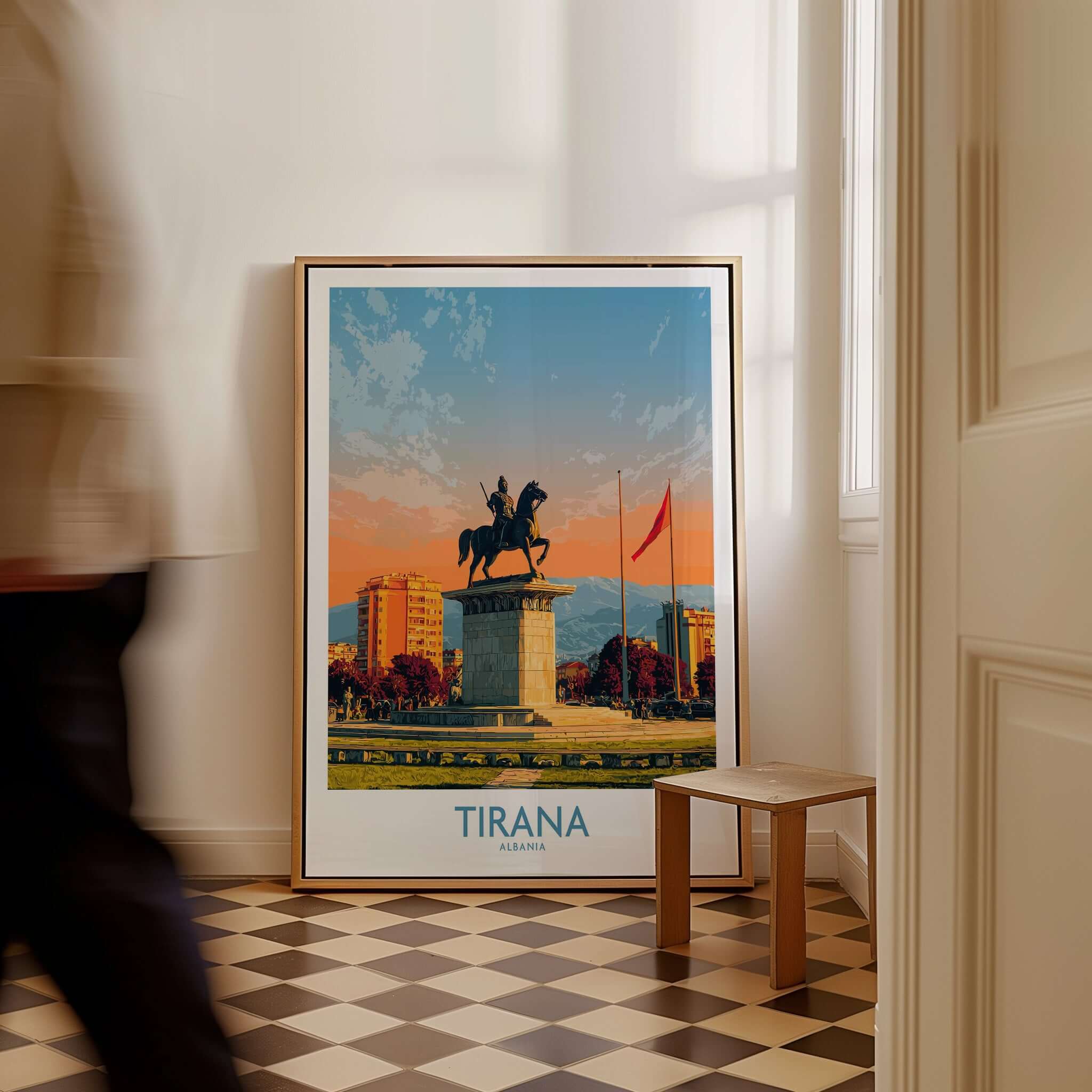 Tirana Albania Skanderbeg Square Art Print | Canvas Poster displayed in a modern interior with a figure walking by.