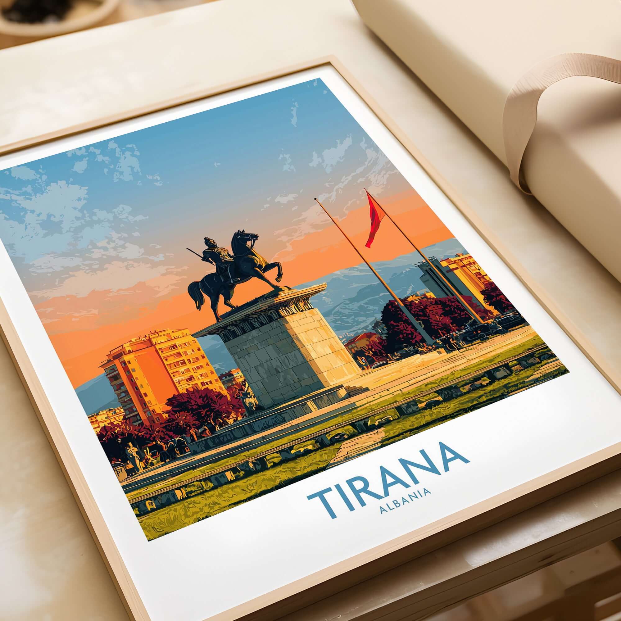 Tirana Albania Skanderbeg Square Art Print | Canvas Poster featuring the Skanderbeg statue at sunset.