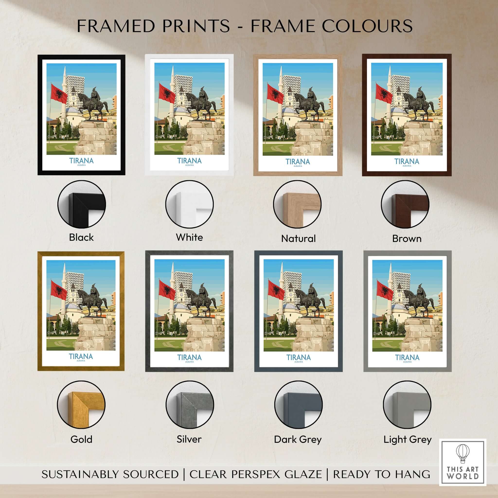 Tirana Albania Skanderbeg Square Art Print | National Monument Poster framed prints in various colors