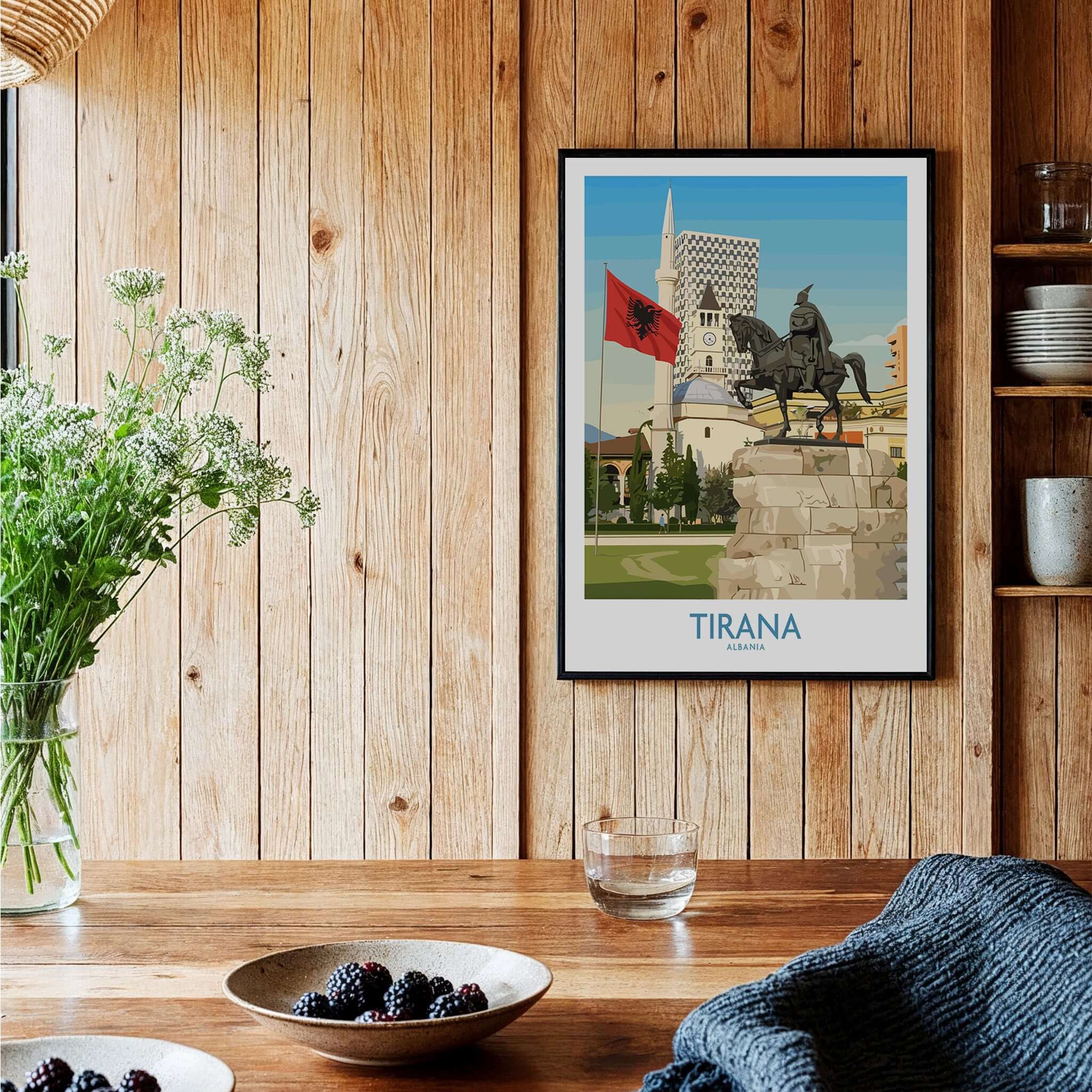 Tirana Albania Skanderbeg Square Art Print | National Monument Poster displayed in a cozy interior setting.