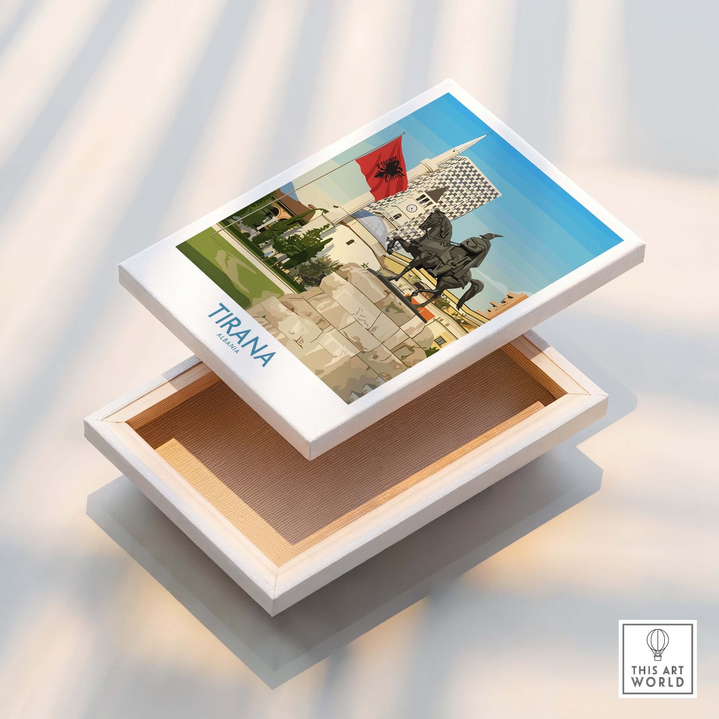 Tirana Albania Skanderbeg Square Art Print | National Monument Poster showcased on a decorative box.