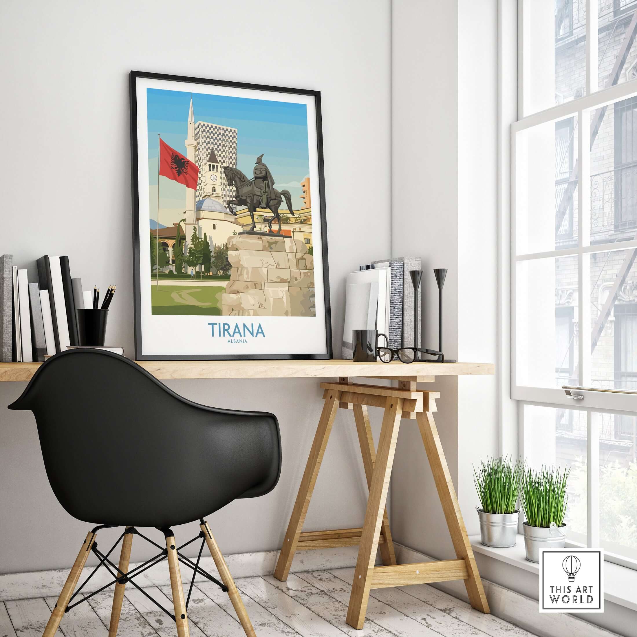 Tirana Albania Skanderbeg Square Art Print | National Monument Poster displayed in a modern workspace.