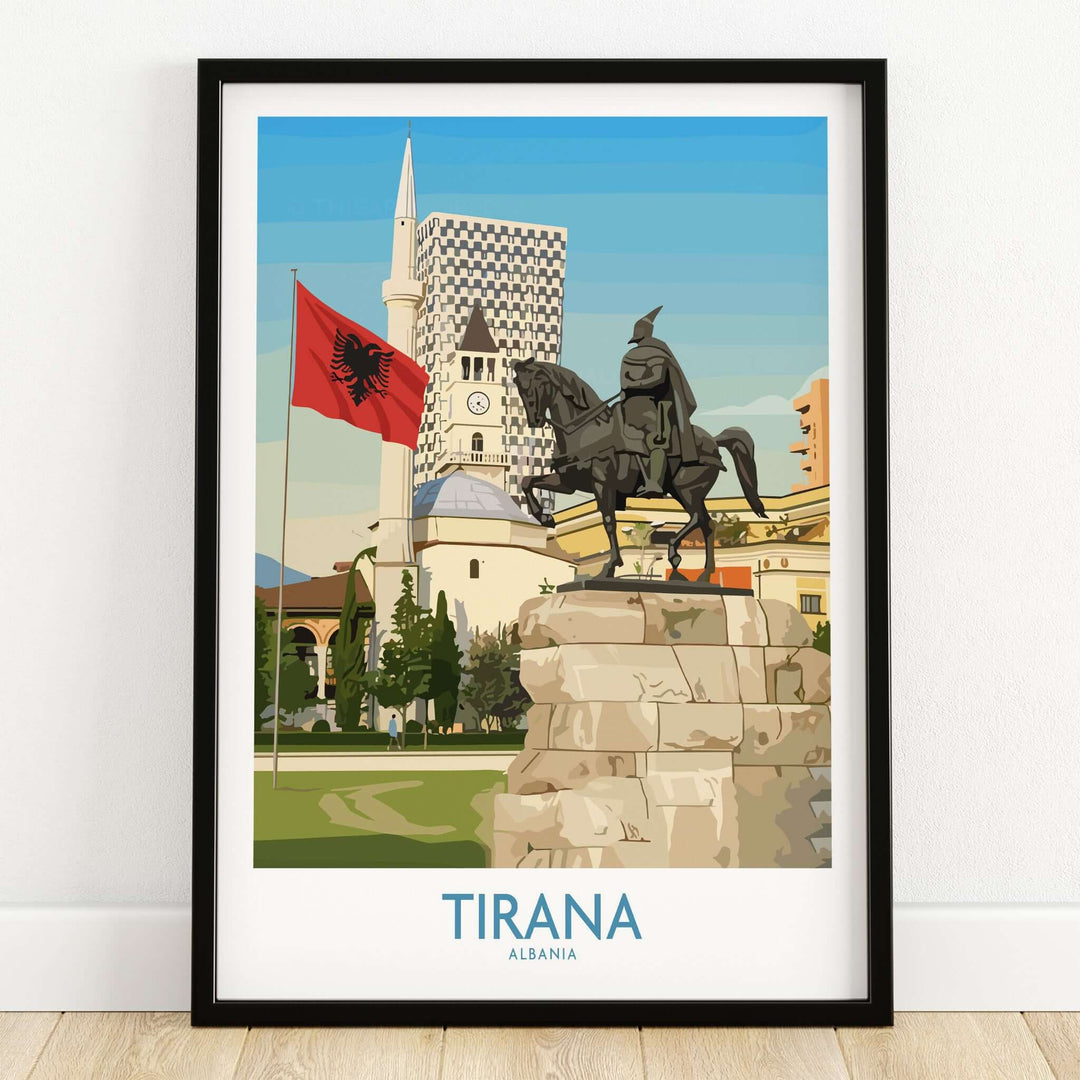 Tirana Albania Skanderbeg Square Art Print | National Monument Poster showcasing Skanderbeg statue and Albanian flag.