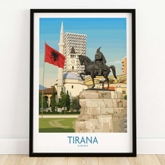 Tirana Albania Skanderbeg Square Art Print | National Monument Poster showcasing Skanderbeg statue and Albanian flag.
