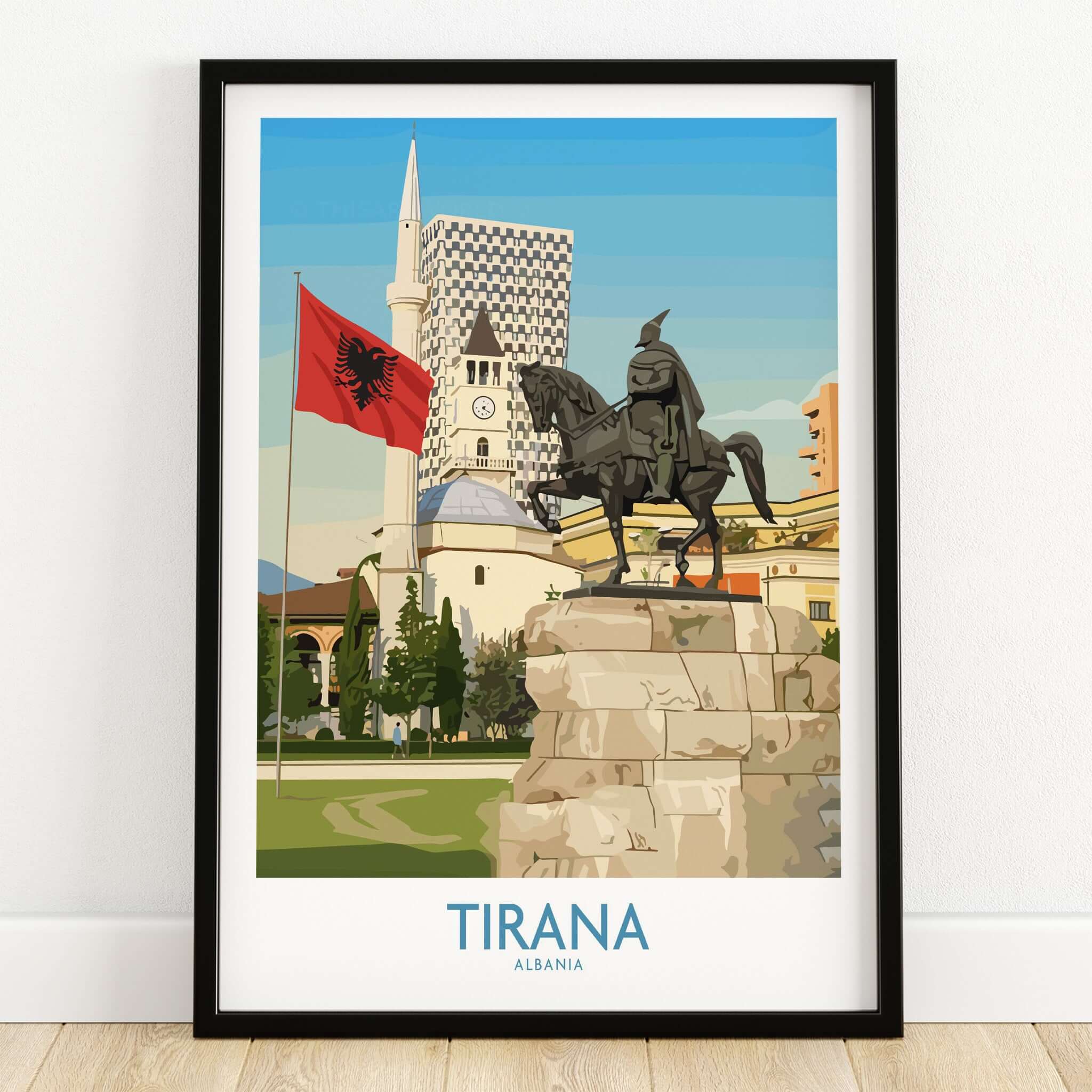 Tirana Albania Skanderbeg Square Art Print | National Monument Poster showcasing Skanderbeg statue and Albanian flag.