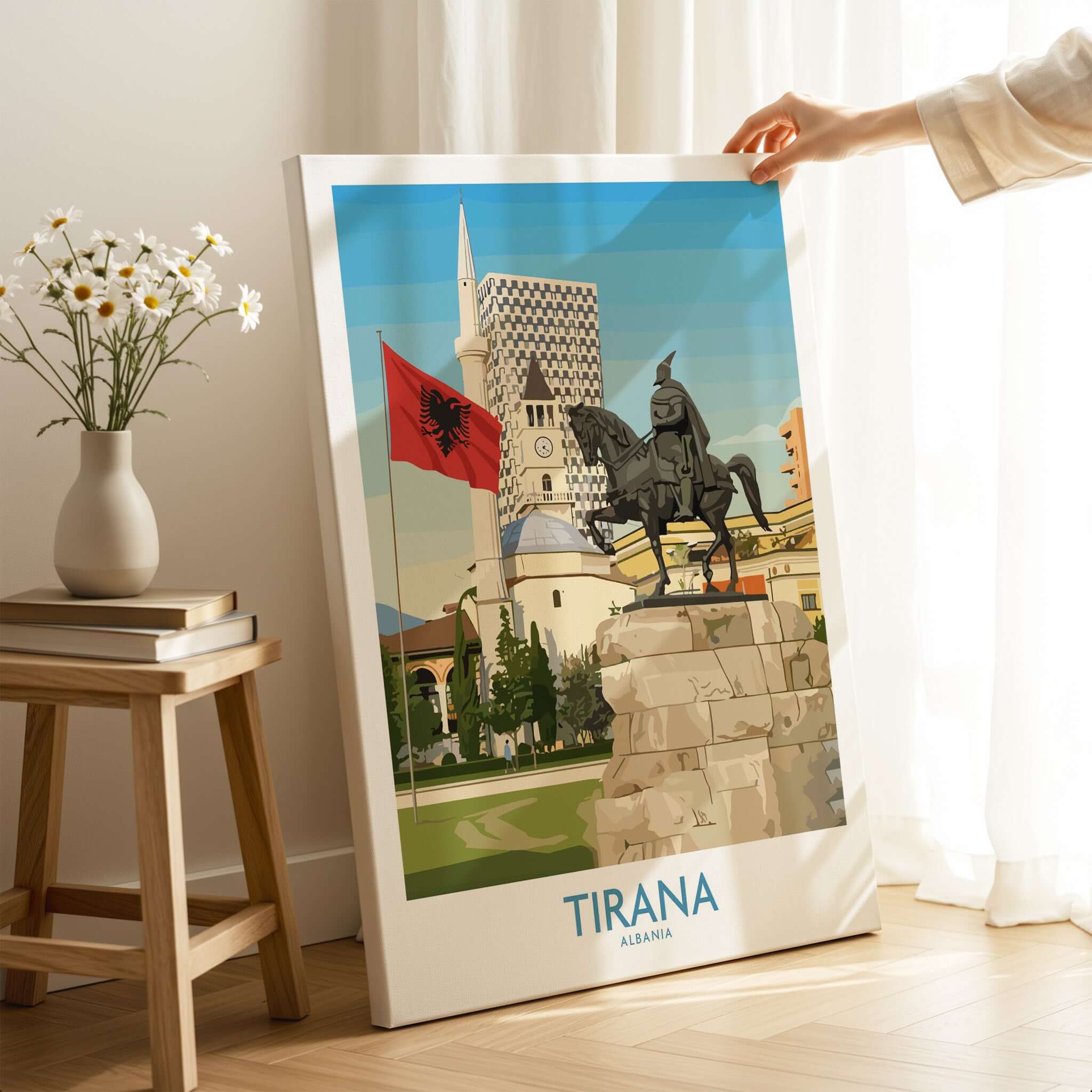 Tirana Albania Skanderbeg Square Art Print | National Monument Poster displayed in a modern living space.