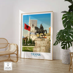 Tirana Albania Skanderbeg Square Art Print | National Monument Poster in a modern living space with greenery.