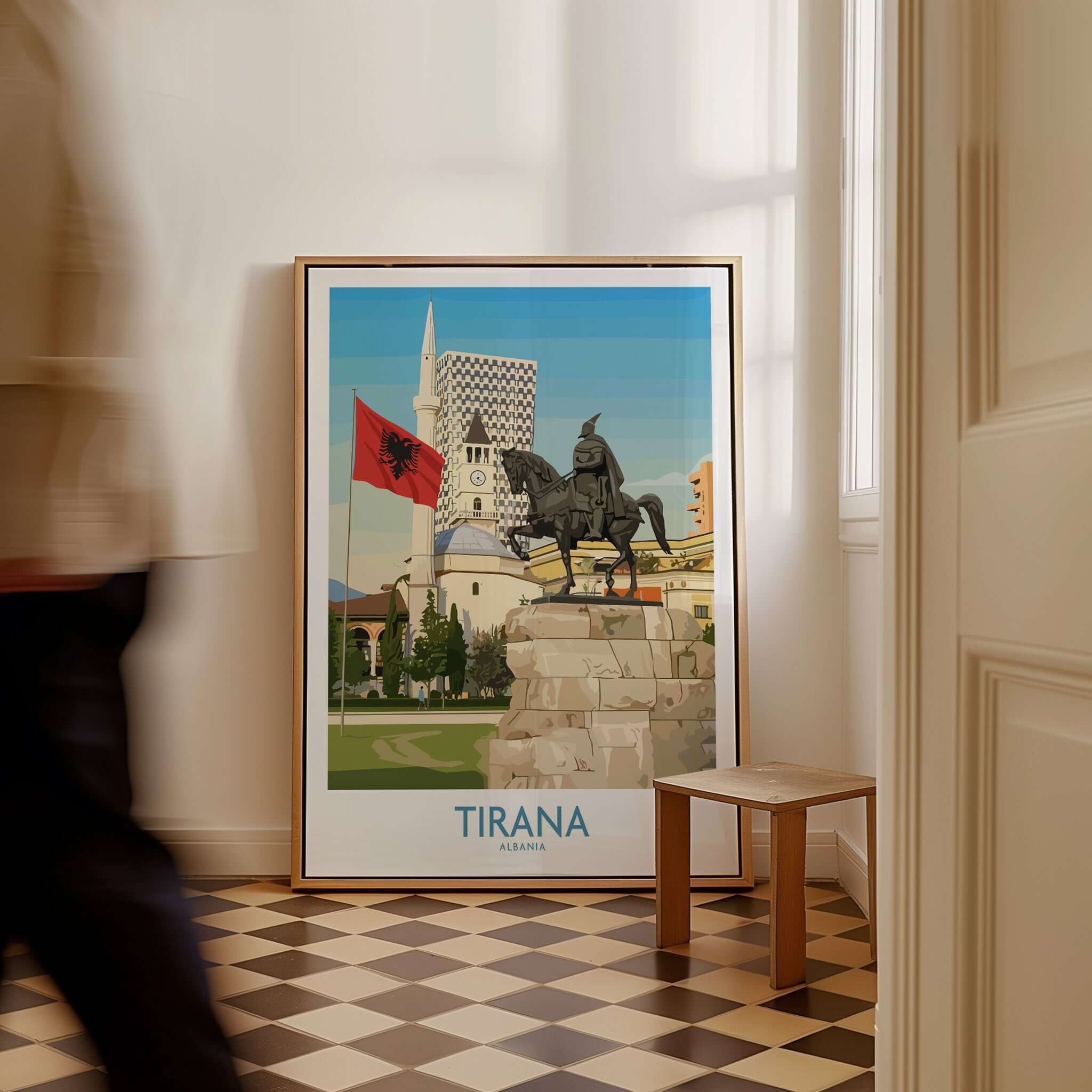 Tirana Albania Skanderbeg Square Art Print | National Monument Poster displayed in a stylish interior setting.