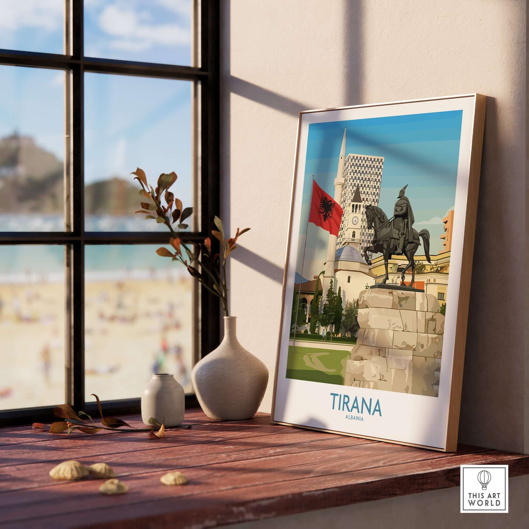 Tirana Albania Skanderbeg Square Art Print | National Monument Poster displayed in a stylish interior setting.