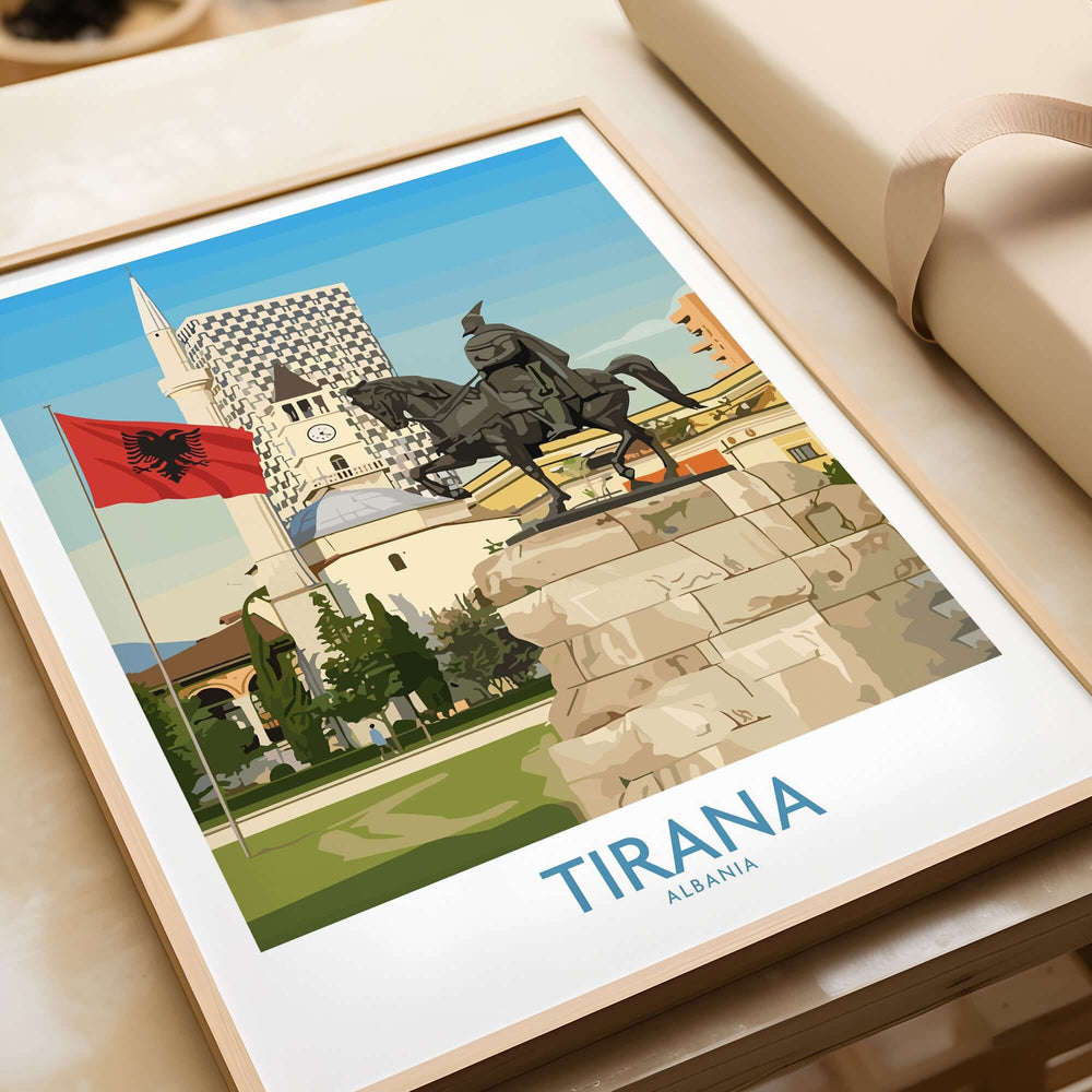 Tirana Albania Skanderbeg Square Art Print | National Monument Poster showcasing Skanderbeg statue and vibrant architecture.