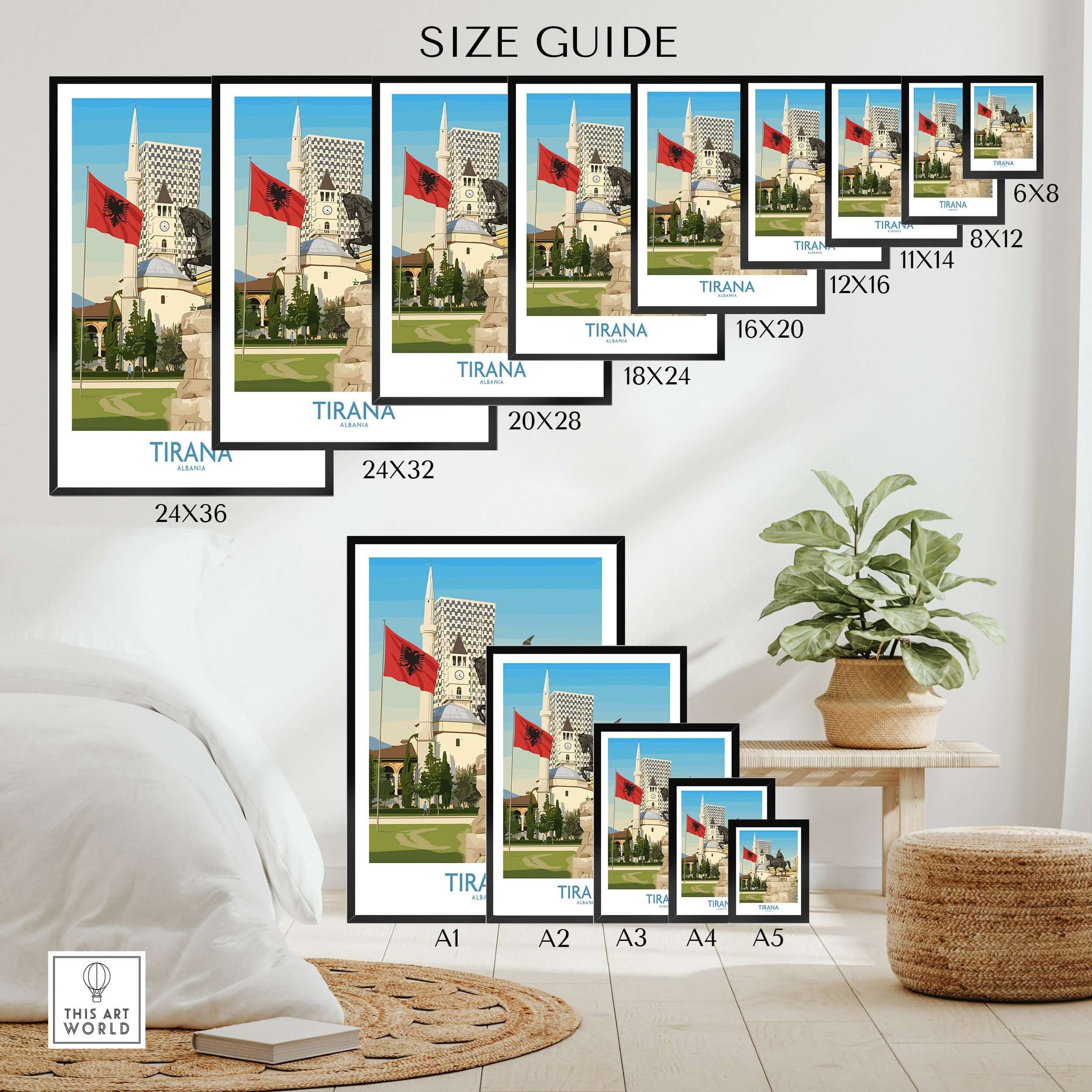 Tirana Albania Skanderbeg Square Art Print | National Monument Poster size guide with various frame dimensions.