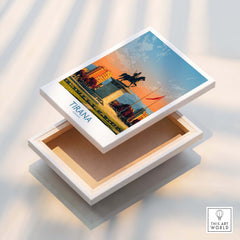 Tirana Albania Skanderbeg Square Art Print | Canvas Poster showcasing a vibrant design on a wooden box.