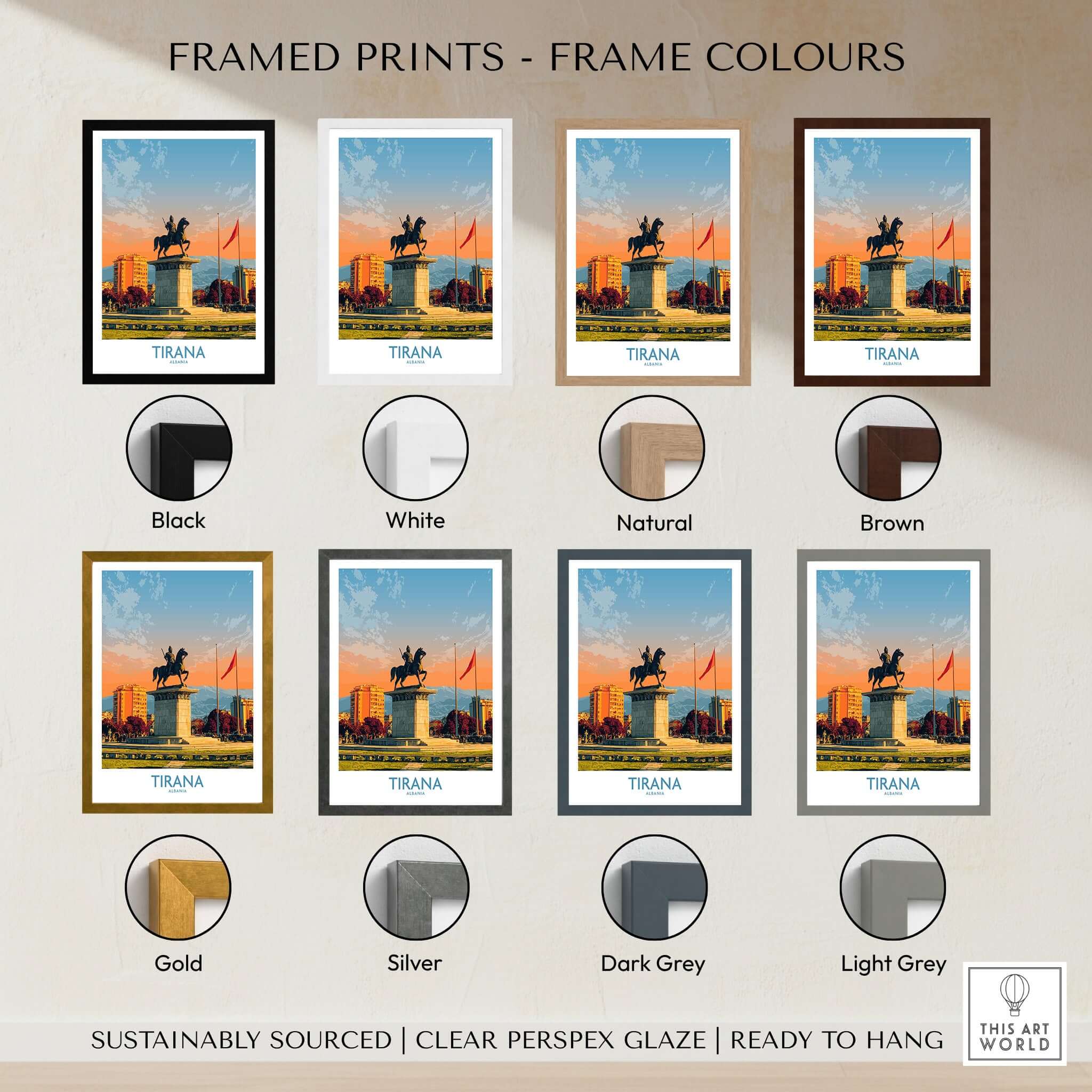 Framed prints with color options including black, white, natural, brown, gold, silver, dark grey, and light grey for Tirana Albania Skanderbeg Square Art Print