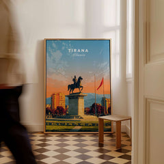 Tirana City Sunset Canvas Art Print | Albanian Travel Wall Decor featuring vibrant skyline and warm hues.