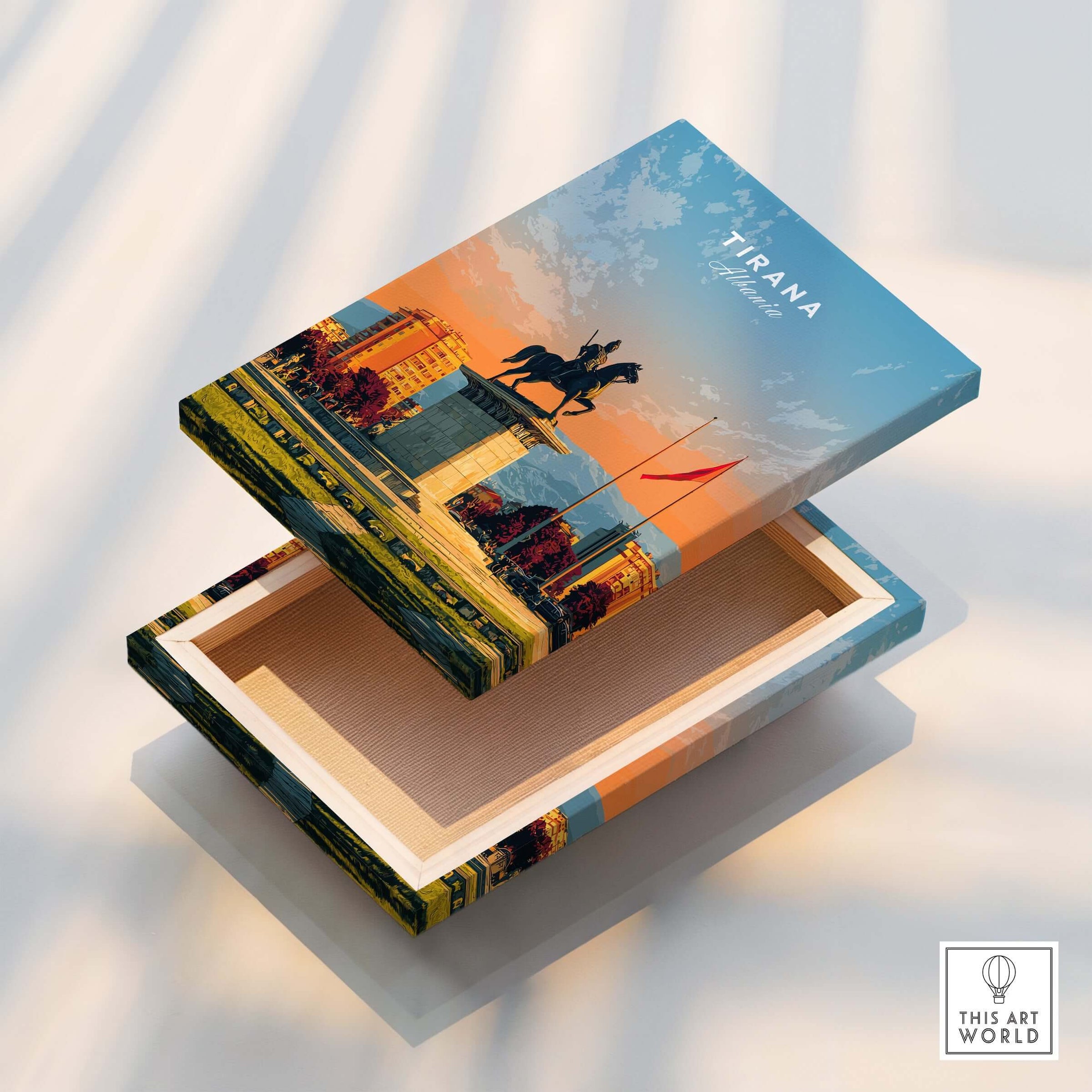 Tirana City Sunset Canvas Art Print | Albanian Travel Wall Decor on a decorative box, showcasing Tirana's skyline.