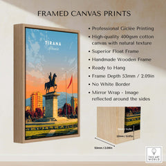 Tirana City Sunset Canvas Art Print | Albanian Travel Wall Decor showcased in a wooden frame with professional Giclée printing.