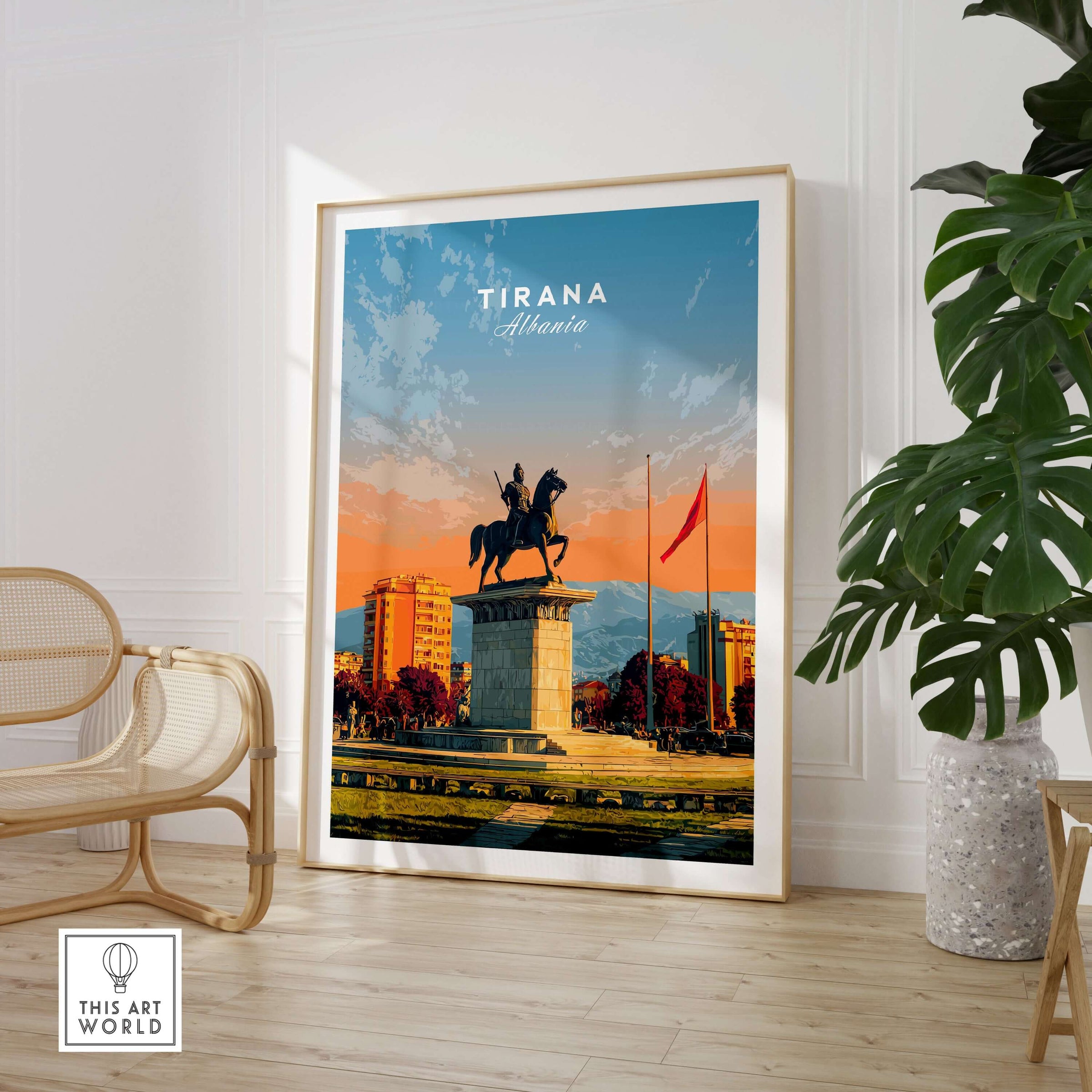 Tirana City Sunset Canvas Art Print | Albanian Travel Wall Decor displayed in a modern living room setting with plant.