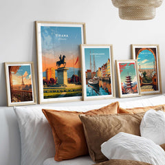 Tirana City Sunset Canvas Art Print | Albanian Travel Wall Decor displayed among other city art prints.