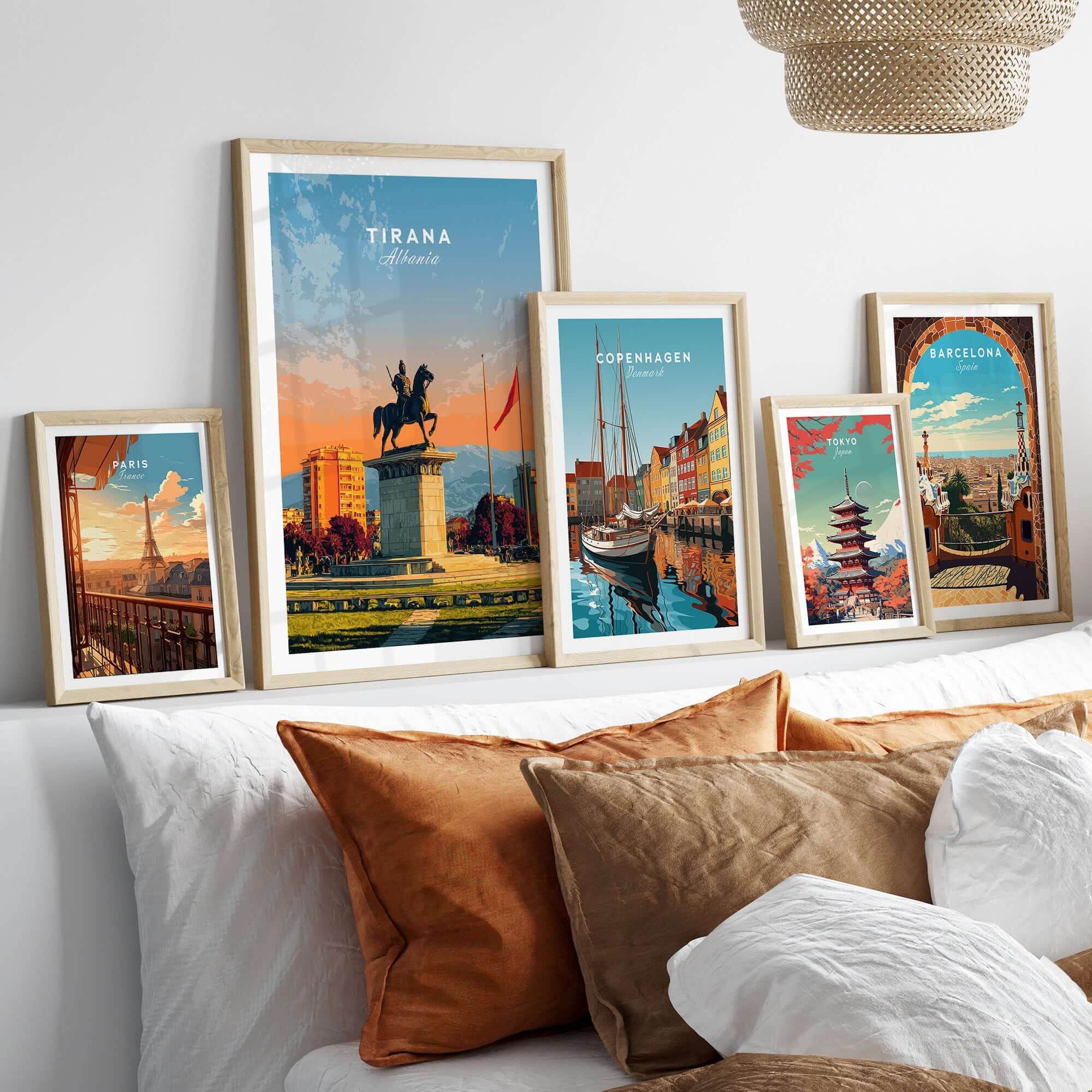 Tirana City Sunset Canvas Art Print | Albanian Travel Wall Decor displayed among other city art prints.