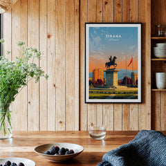 Tirana City Sunset Canvas Art Print | Albanian Travel Wall Decor showcased in a cozy interior setting with wooden accents.