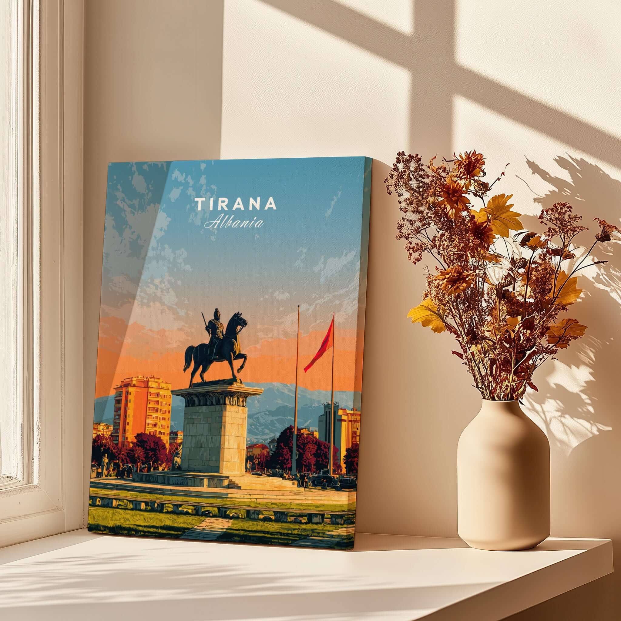 Tirana City Sunset Canvas Art Print | Albanian Travel Wall Decor featuring iconic landmarks and warm sunset hues.