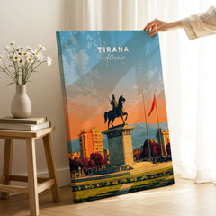 Tirana City Sunset Canvas Art Print | Albanian Travel Wall Decor showcasing the vibrant Tirana skyline at sunset.