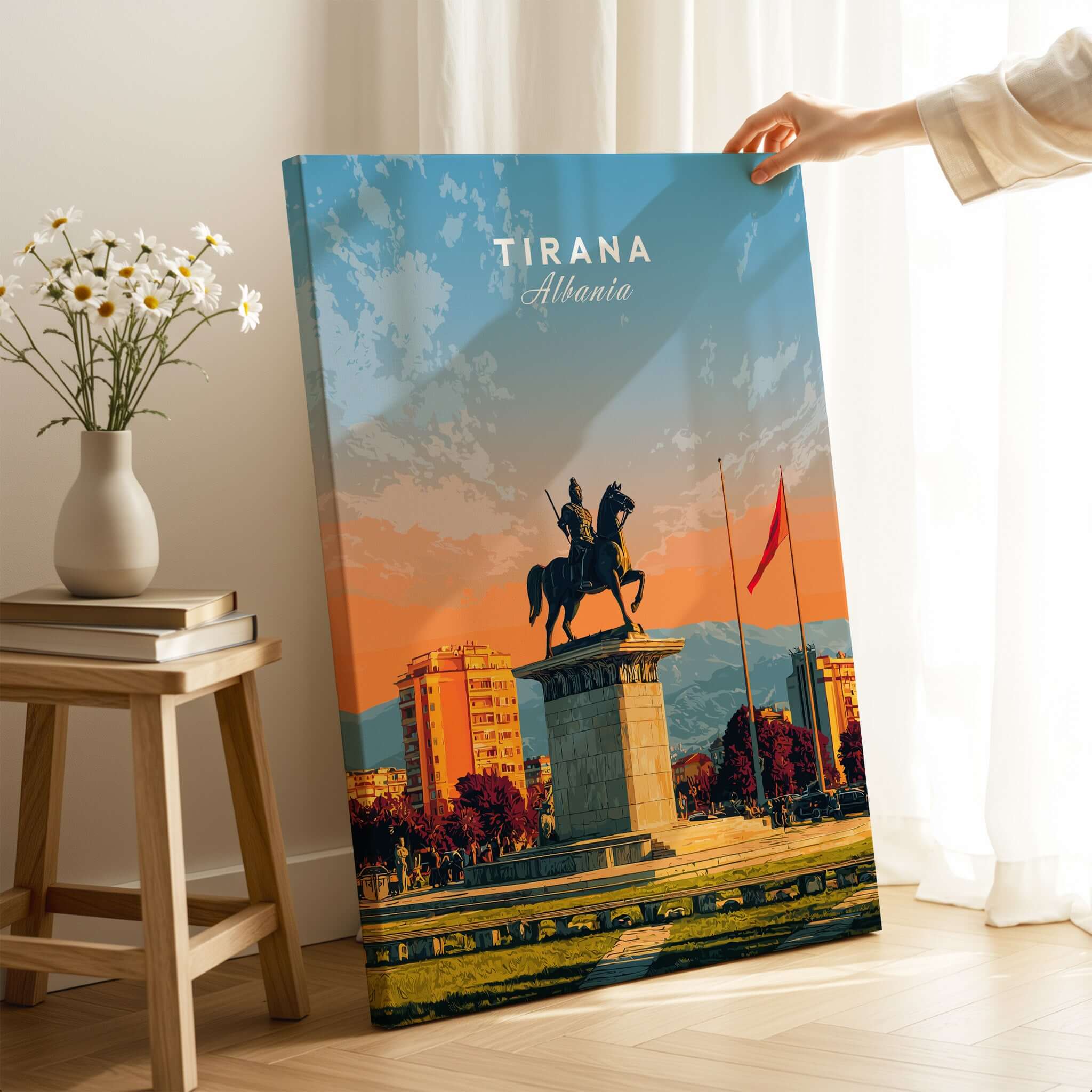 Tirana City Sunset Canvas Art Print | Albanian Travel Wall Decor showcasing the vibrant Tirana skyline at sunset.