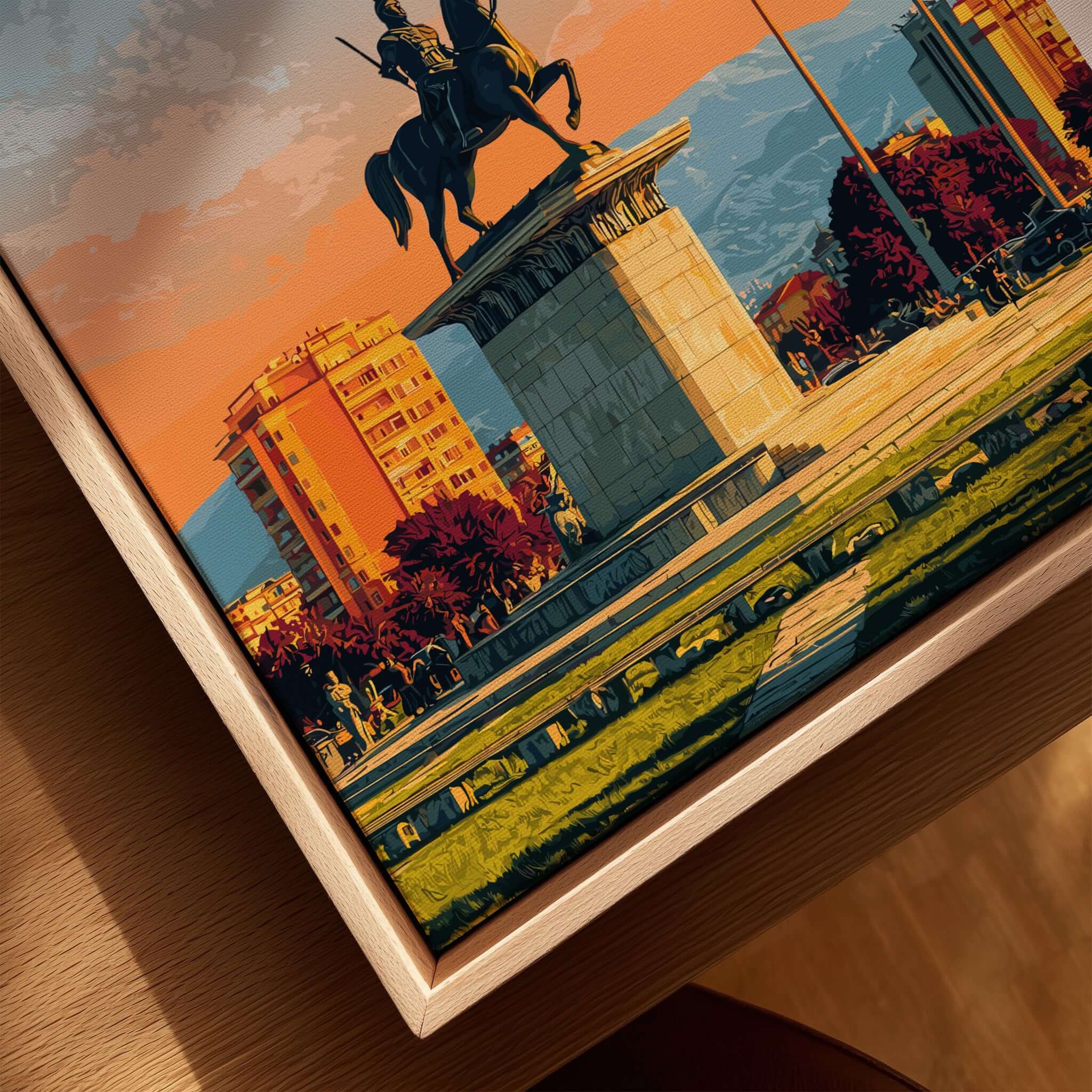 Tirana City Sunset Canvas Art Print | Albanian Travel Wall Decor featuring vibrant sunset over Tirana's skyline.