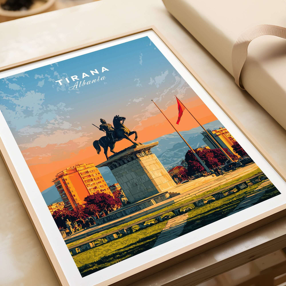 Tirana City Sunset Canvas Art Print | Albanian Travel Wall Decor showcasing vibrant skyline and historic statue.
