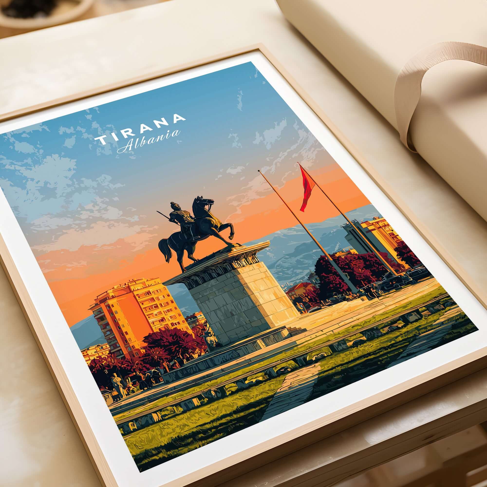 Tirana City Sunset Canvas Art Print | Albanian Travel Wall Decor showcasing vibrant skyline and historic statue.
