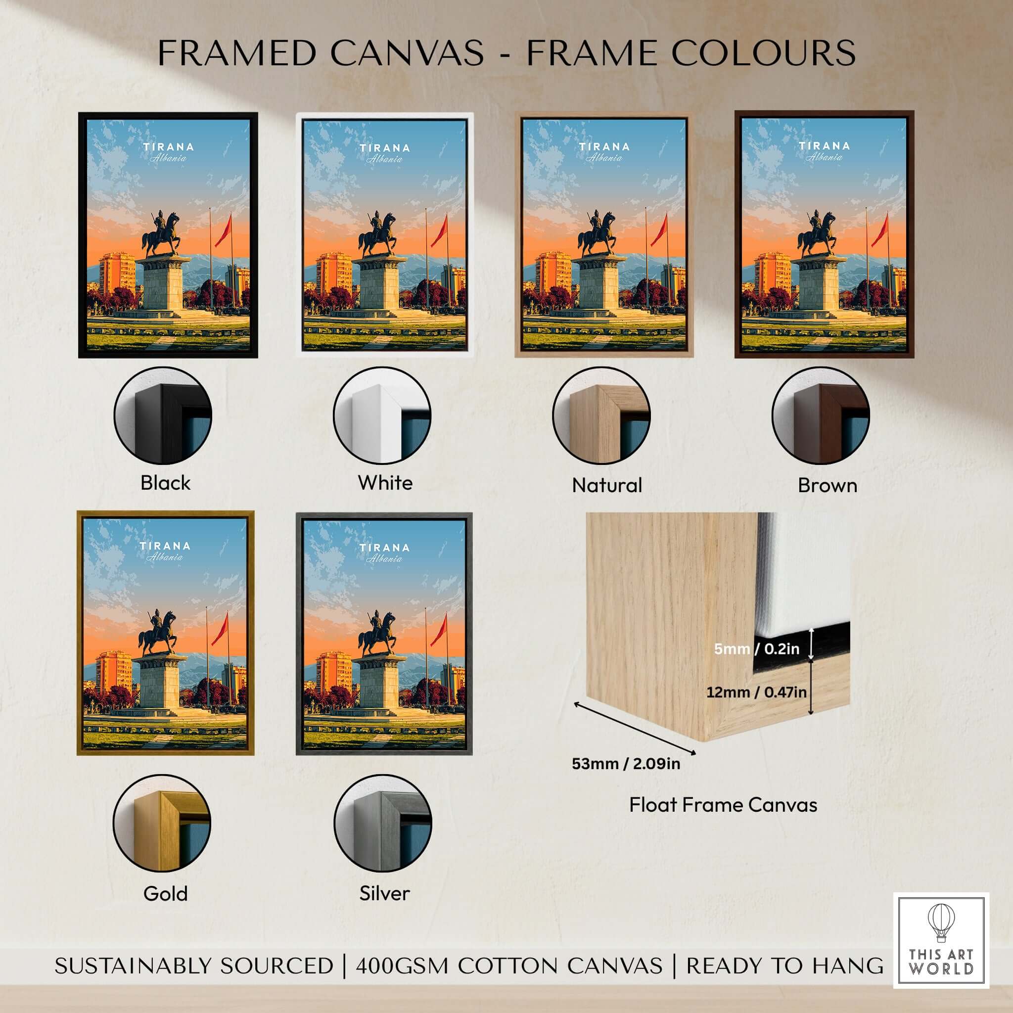 Tirana City Sunset Canvas Art Print | Albanian Travel Wall Decor framed canvas options in various colors including black, white, and natural.