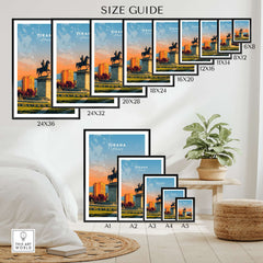 Tirana City Sunset Canvas Art Print | Albanian Travel Wall Decor size guide with various frame dimensions on display.