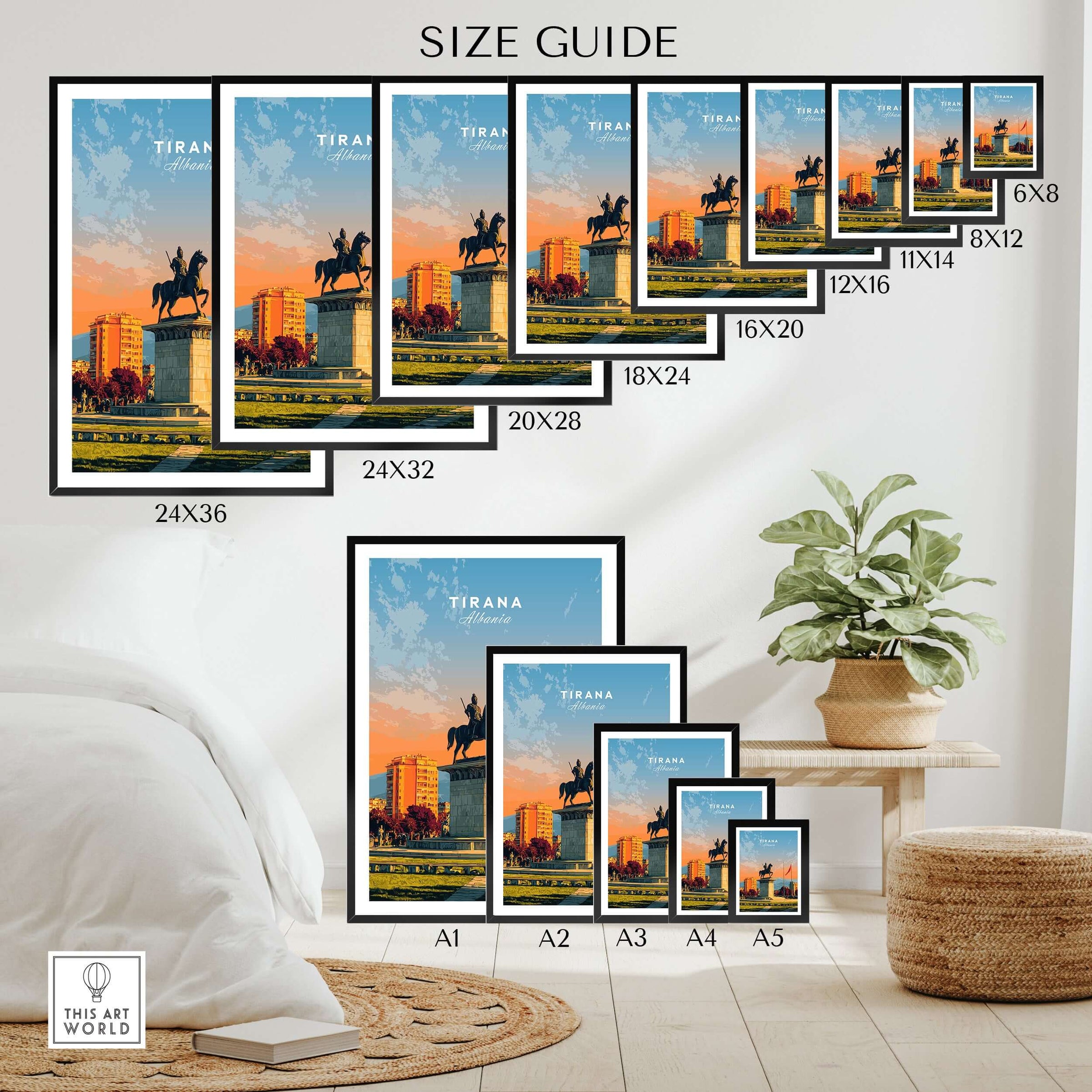 Tirana City Sunset Canvas Art Print | Albanian Travel Wall Decor size guide with various frame dimensions on display.