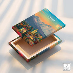 Tirana Cityscape Canvas Print | Albanian Home Wall Art featuring vibrant urban landscape and mountains.