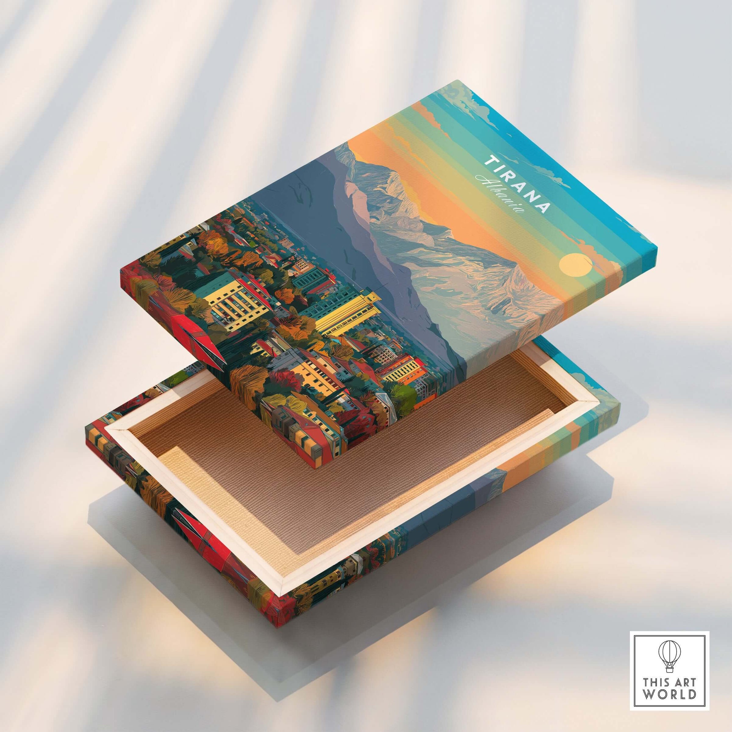 Tirana Cityscape Canvas Print | Albanian Home Wall Art featuring vibrant urban landscape and mountains.