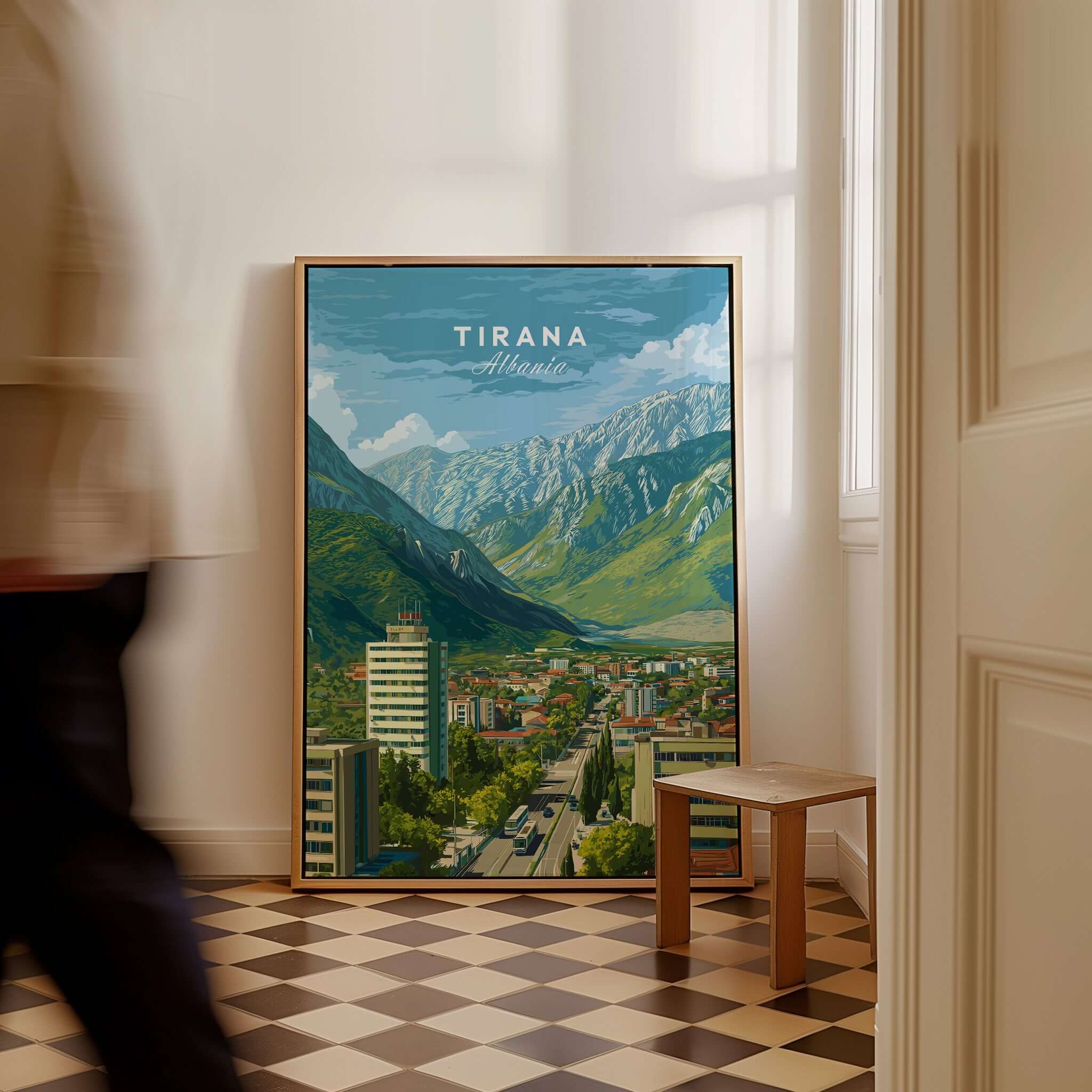 Tirana Cityscape Canvas Print | Albanian Travel Wall Decor displayed in a modern interior with mountains in the background.