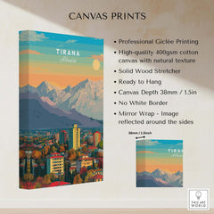 Tirana Cityscape Canvas Print | Albanian Home Wall Art showcasing mountains and city in vibrant colors.