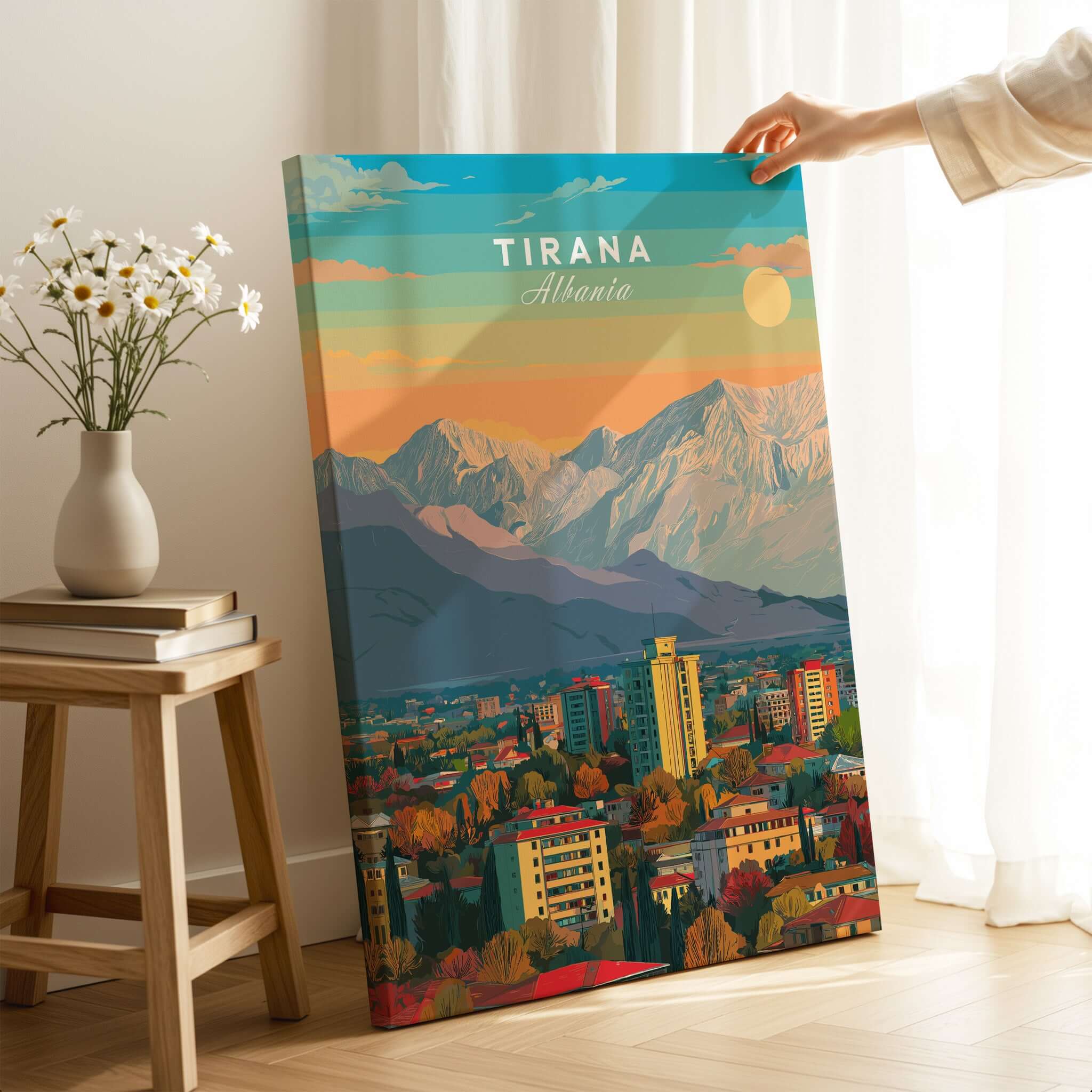 Tirana Cityscape Canvas Print | Albanian Home Wall Art on display, showcasing the vibrant architecture of Tirana, Albania.